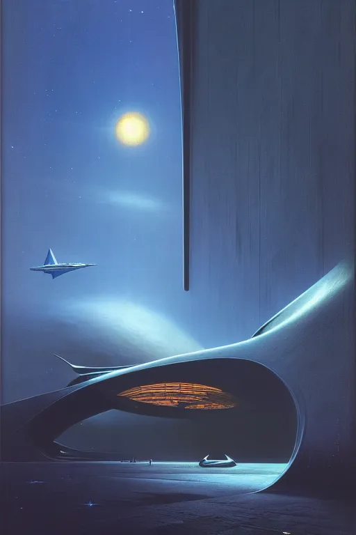 Prompt: emissary space by arthur haas and bruce pennington and john schoenherr, cinematic matte painting, zaha hadid building, photo realism, dark color palate, blue hour stars,