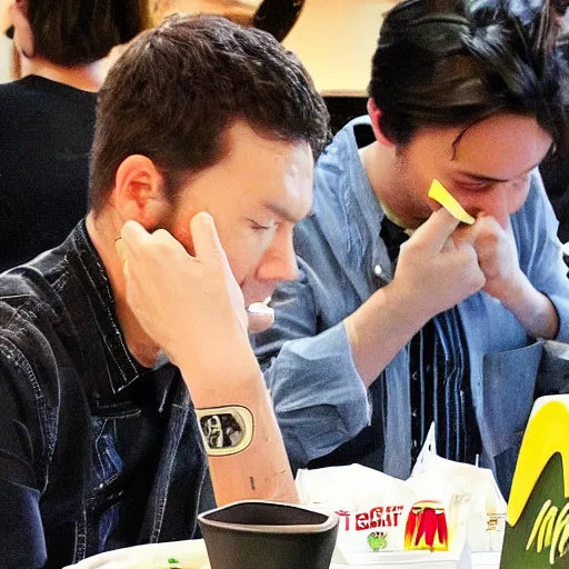 Image similar to a famous hollywood personality, eating wagyu steak at a macdonalds restaurant