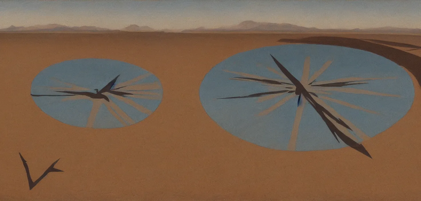 Prompt: painting of a giant sundial in the middle of the desert at the centre of a lake, small elongated planes, frenetic oil painting, values as flat shapes