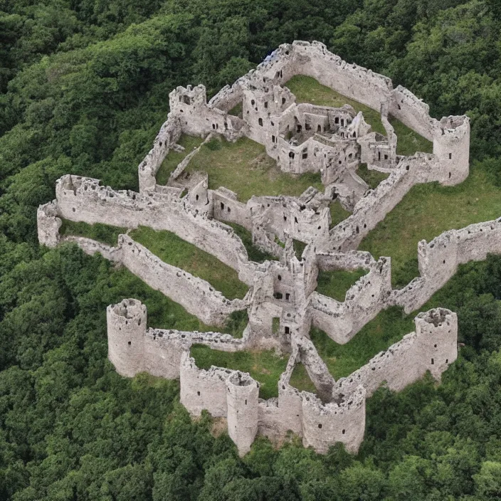 Prompt: aerial view of an ancient punisher castle compound fortress from above on a hill by the ocean shaped exactly like the punisher symbol detailed