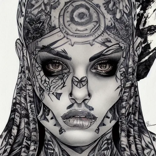 Image similar to a beautiful portrait of a heavily tattooed Runway model Travis Charest style