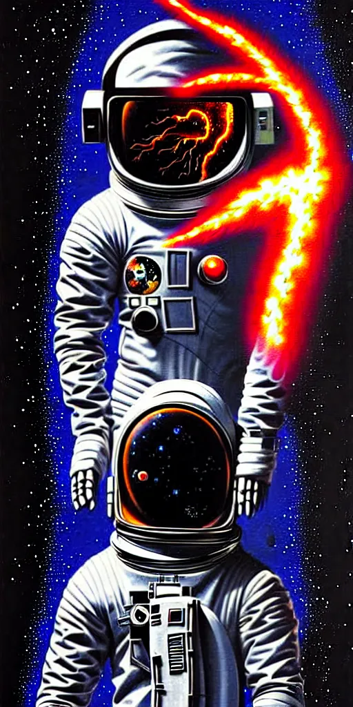 Prompt: sci-fi illustration, an extreme detailed painting with detailed textures of a headless astronaut with quantum fire pouring from his visor, disturbing cybergothic high image quality