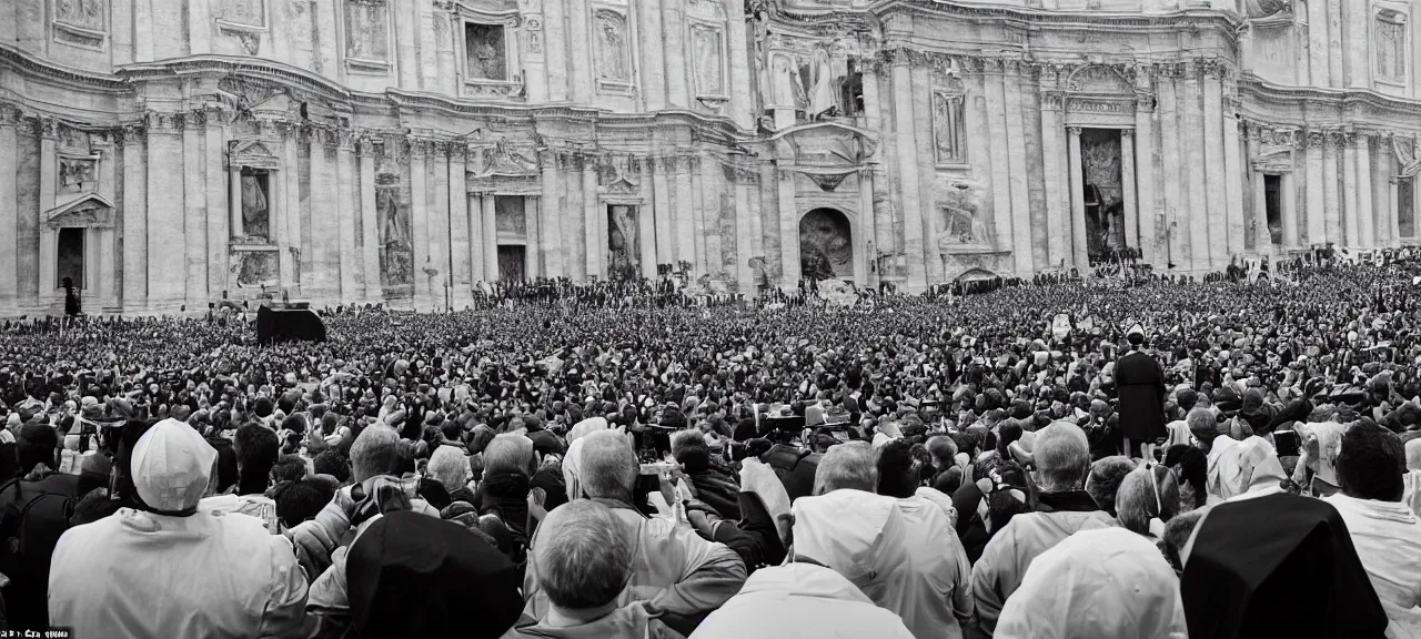 Prompt: Surprised Priests Watching the Landing of an Alien Ship in the Middle of the Vatican Square, Very Restless and Dramatic Atmosphere, Realism, Detailed Journalistic Photography