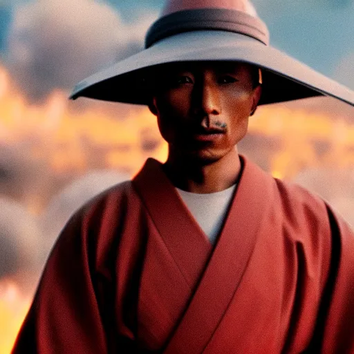 Image similar to cinematic film still Pharrell Williams starring as a Samurai holding fire, Japanese CGI, VFX, 2003, 40mm lens, shallow depth of field,film photography