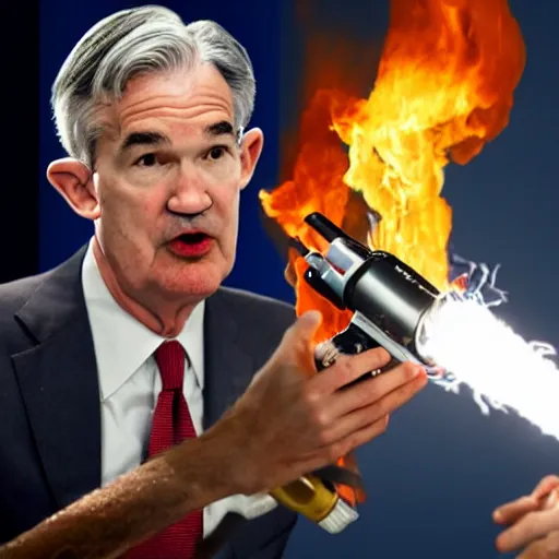 Prompt: photo of Jerome Powell with whiteface clown makeup using a flamethrower projecting a long flame, highly-detailed