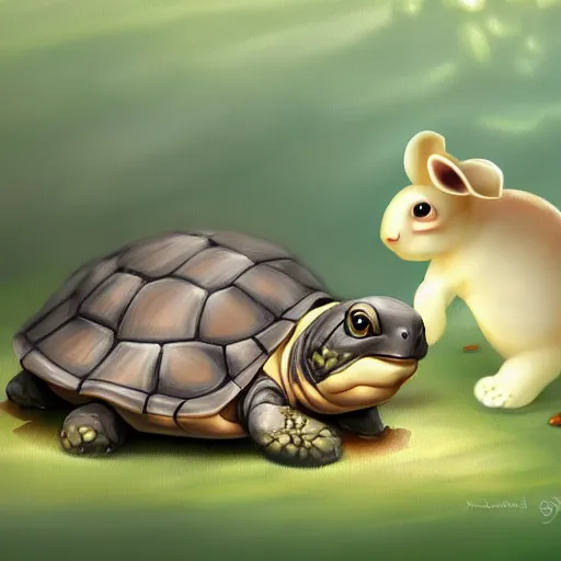 Prompt: baby turtle playing with a baby rabbit, concept art, painting, highly detailed