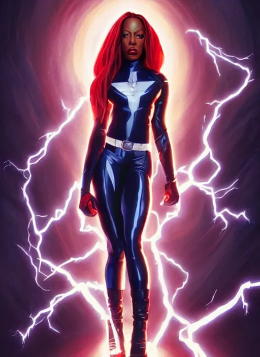 Image similar to full body portrait of marvel cinematic universe aaliyah haughton, x - men, storm, elegant, electricity archs, lightning strikes, rippling electromagnetic, highly detailed!! digital painting, artstation, glamor pose, concept art, sharp focus, illustration, art by artgerm and greg rutkowski, artey freytag