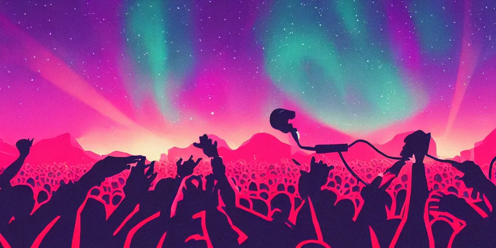 Image similar to rapping into microphone, silhouette, huge crowd, outrun, hip hop, digital art, Aurora borealis, trending on Artstation, professional artist, detailed, 4k