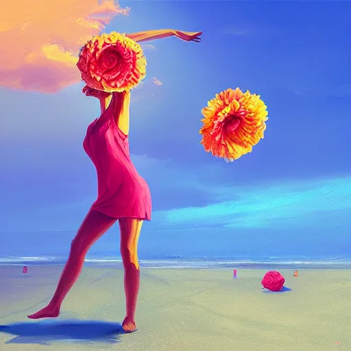 Image similar to portrait, giant rose flower head, girl dancing at the beach, surreal photography, sunrise, blue sky, dramatic light, impressionist painting, digital painting, artstation, simon stalenhag