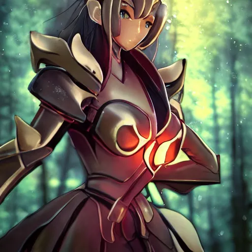 Image similar to portrait focus of knight beautiful 3D anime girl, fire armor wearing, dark forest background, snowing, bokeh, inspired by Masami Kurumada, digital painting, high contrast, unreal engine render, volumetric lighting, high détail