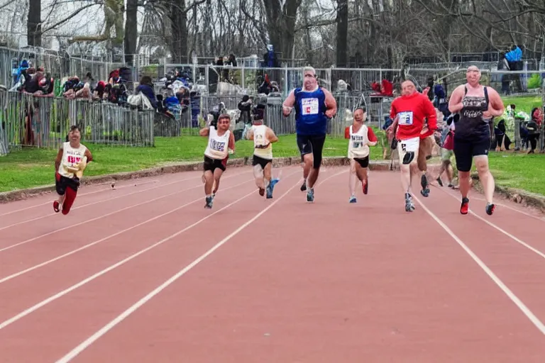 Prompt: bulldogs that are running in a race to cross a finish line