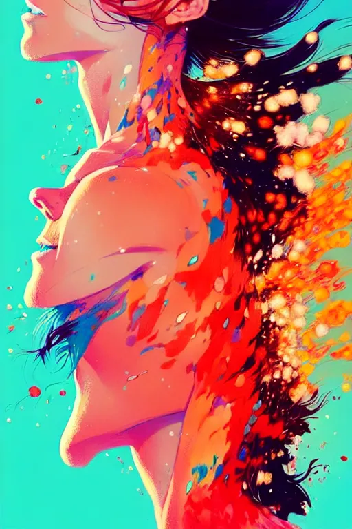 Image similar to a ultradetailed beautiful panting of a woman with a colorful explosion coming out of her neck, by conrad roset, greg rutkowski and makoto shinkai, trending on artstation