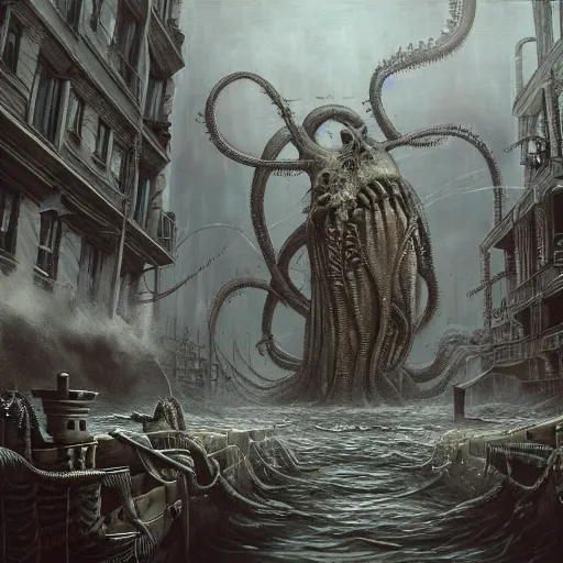 Image similar to A Lovecraftian eldritch horror rampaging through a small seaside town by H.R. Giger, trending on artstation, highly detailed, high quality