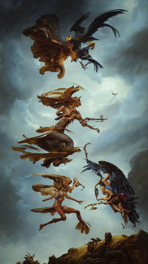 Image similar to an anatomical oil painting of a Harpy battling a knight from a medical journal by Peter Mohrbacher and Julie Bell, highly detailed, high detail, 8k, storm clouds, birds, dramatic lighting