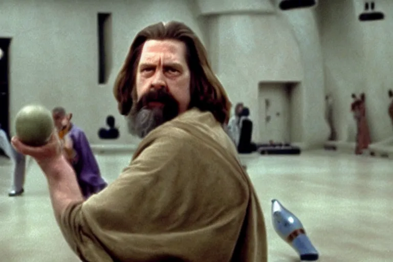 Prompt: A side shot of The Dude from The Big Lebowski bowling in the Mos Eisley Cantina from Star Wars