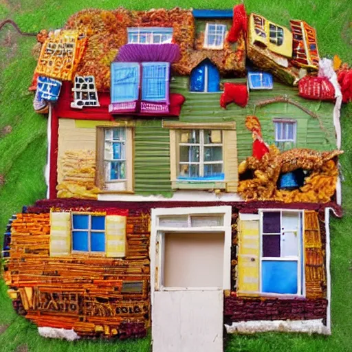 Image similar to photo of a house with kids made out of food leftovers. Highly detailed. Art by Gordon Ramsey