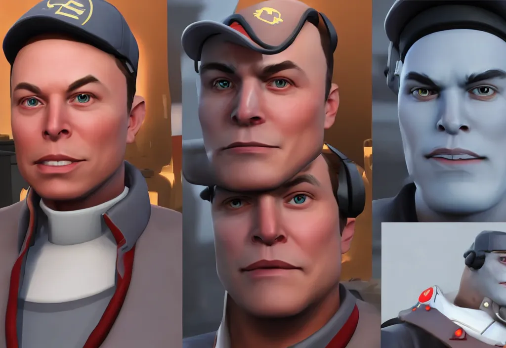 Image similar to elon musk in team fortress 2, elon musk in the video game team fortress, gameplay screenshot, close up, 3 d rendering. unreal engine. amazing likeness. very detailed.