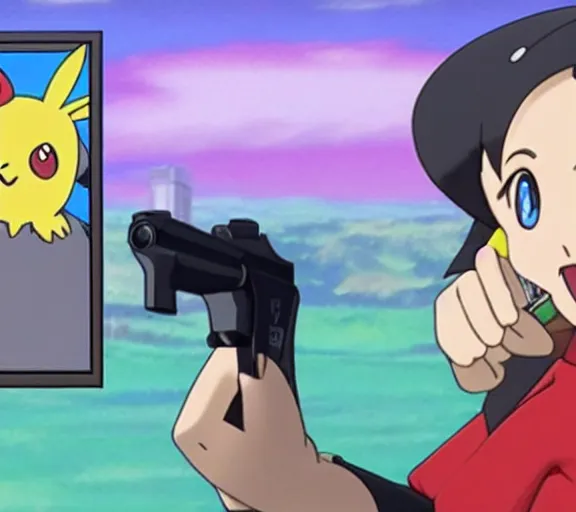 Image similar to marnie from pokemon pointing a gun at viewer