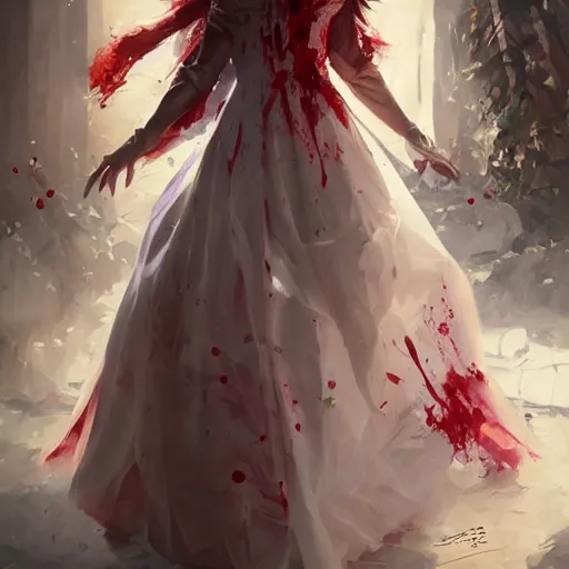 Image similar to The bride in a bloody dress, by Stanley Artgerm Lau, WLOP, Rossdraws, James Jean, Andrei Riabovitchev, Marc Simonetti, Yoshitaka Amano, ArtStation, CGSociety,