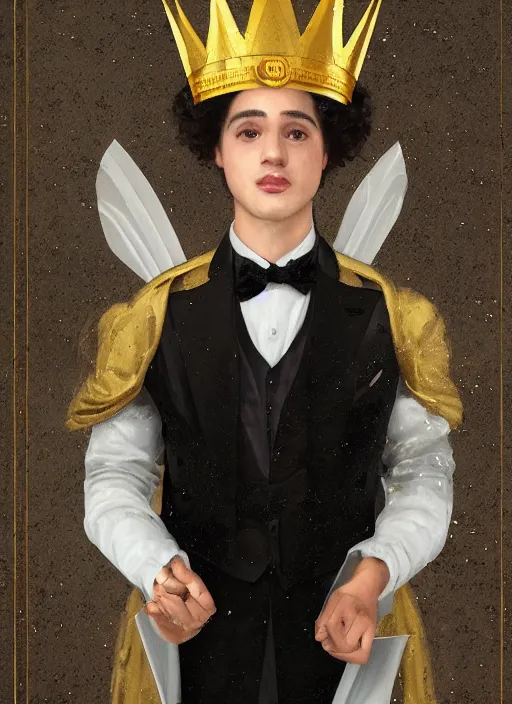 Prompt: young handsome Camilo as a paper man wearing a golden crown and a black tissue paper prince tuxedo by Prada. ethereal, fantasy, Lawrence Alma-Tadema, James Jean, oozium, peter morbacher, angelarium, alchemy, luxury, heavenly light, Soft illumination, Trending on artstation, Cinematic Lighting, very detailed, 3D, octane render, artgerm