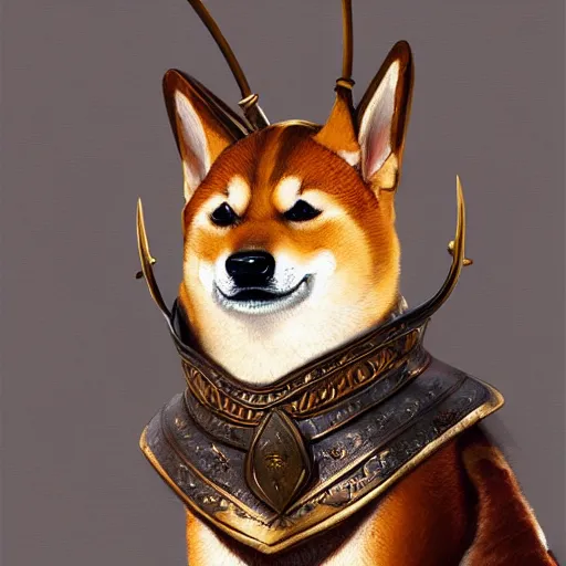 Image similar to detailed photorealistic painting of a shiba inu, wearing a highly detailed ornamented bronze „viking helmet with two horns“, sharp focus in the style of ruan jia, Mandy jurgens, cinematic light, concept art, trending on artstation, ultra realistic