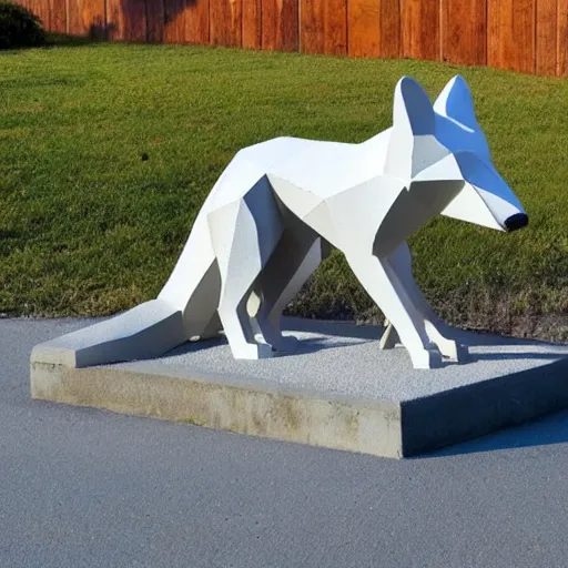 Prompt: a polygonal fox statue made from concrete