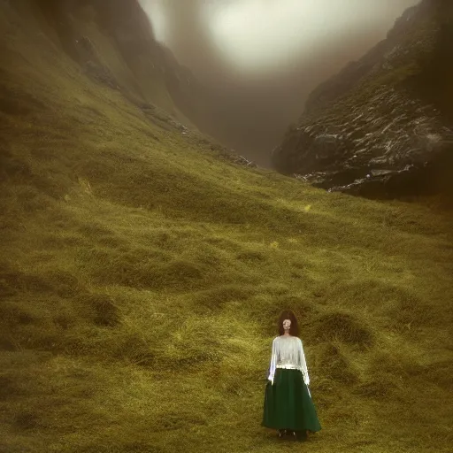 Image similar to dark and moody 1 9 7 0's artistic spaghetti western film in color, a woman in a giant billowy wide long flowing waving green dress, standing inside a green mossy irish rocky scenic landscape, crashing waves and sea foam, volumetric lighting, backlit, moody, atmospheric, fog, extremely windy, soft focus