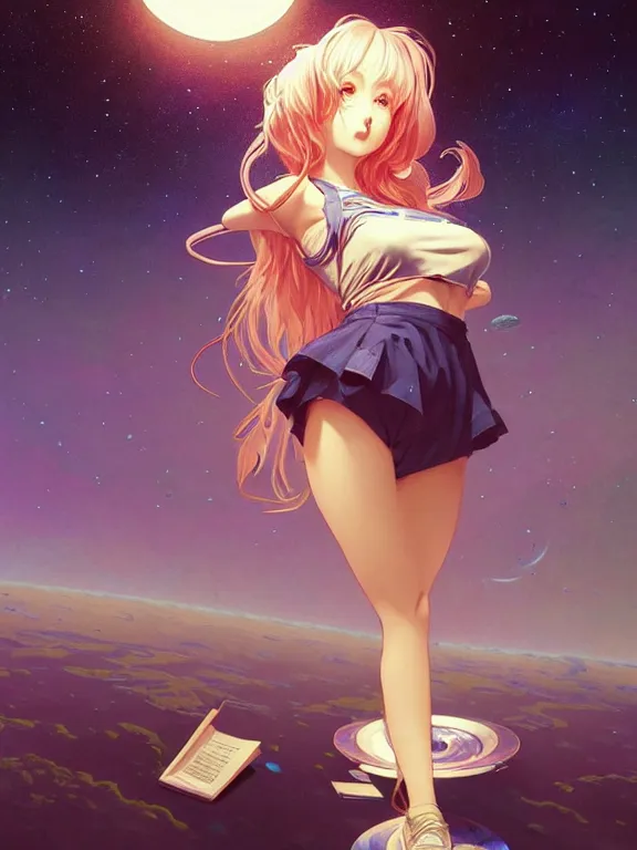 Image similar to full body picture of a space girl in the moon cafe, bored, coveted, beautiful and aesthetic, intricate, unreal engine, messy hair, highly detailed, detailed face, smooth, sharp focus, chiaroscuro, manga illustration, artgerm, greg rutkowski, ilya kuvshinov, rossdraws, alphonse mucha, young adult light novel cover art