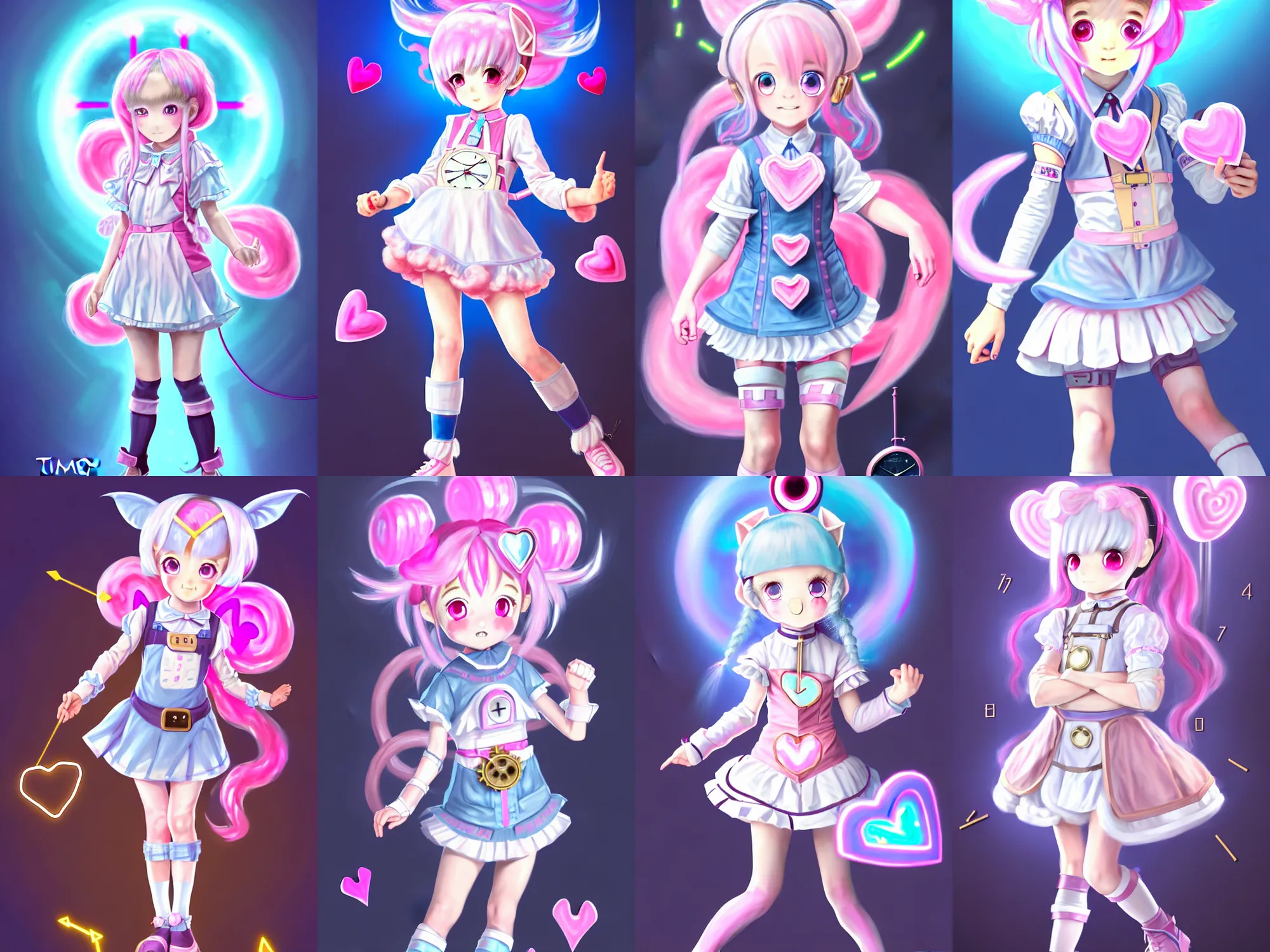 Prompt: Time traveler, small loli girl, with pointy ears, detailed face, pink and light-blue eyes, cotton candy-like hair with low heart-shaped drills, wearing a time traveler outfit clock style semi steampunk matching design, in a fighting stance, digital painting, artstation, concept art, soft light, hdri, smooth, sharp focus, illustration, art by tian zi and craig mullins and WLOP and alphonse mucha, Mihoyo Art style, visual novel sprite