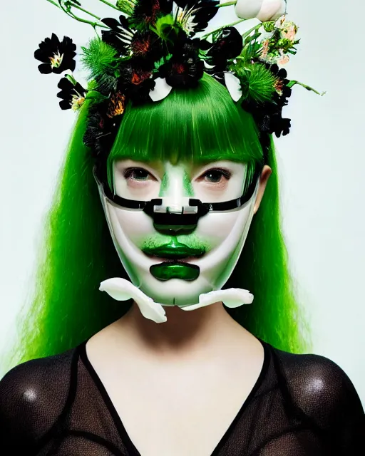 Prompt: symmetrical close - up portrait of a woman wearing a translucent silicone beauty mask and green hair, wearing a black bodysuit by alexander mcqueen, standing in a garden full of plastic translucent flowers, black background, soft diffused light, biotechnology, humanoide robot, bjork aesthetic, translucent, by rineke dijkstra, intricate details, highly detailed, masterpiece,