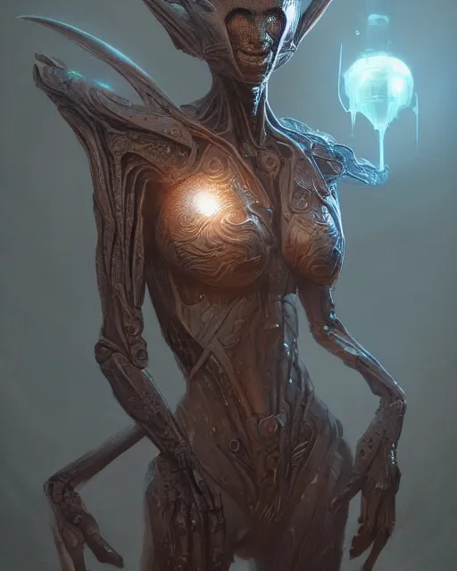 Image similar to humanoid alien, fantasy, intricate, elegant, highly detailed, digital painting, artstation, concept art, smooth, sharp focus, illustration, by artgerm and greg rutkowski