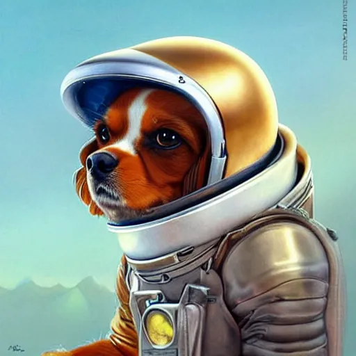 Image similar to cavalier king charles spaniel, wearing an cosmonaut helmet, russian cosmonaut, on the moon, art by artgerm and david a hardy