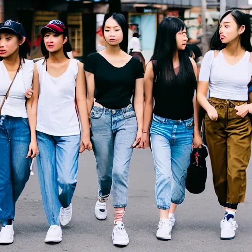 Prompt: street photography 6 young asian women wearing white sneakers, high waisted mom jeans, tucked in t - shirt, baseball cap, ponytails