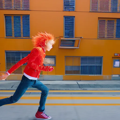 Image similar to orange - haired anime boy, 1 7 - year - old anime boy with wild spiky hair, wearing red jacket, running past colorful building, red - yellow - blue colored building, turquoise aquamarine windows, strong lighting, strong shadows, vivid hues, ultra - realistic, sharp details, subsurface scattering, intricate details, hd anime, 2 0 1 9 anime