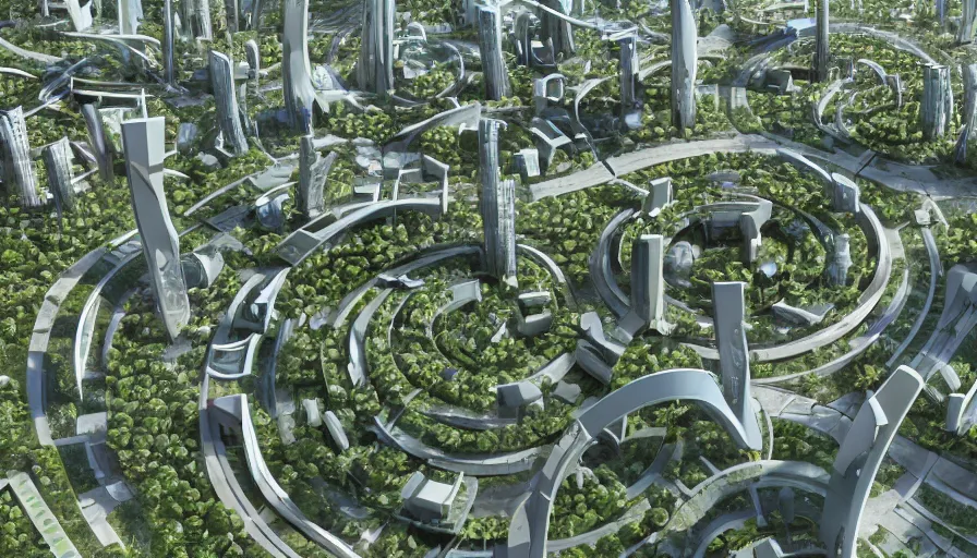 Image similar to futuristic ecological city with huge roundabouts, trees, crowded city, highways, hyperdetailed, artstation, cgsociety, 8 k