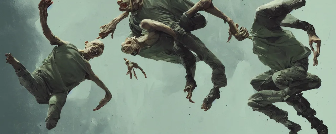 Image similar to duotone olive green grey illustration 3 / 4 portrait of gollum breakdancing wildly. dynamic chaotic composition accidental renaissance golden ratio. by sachin teng and sergey kolesov and ruan jia and heng z. graffiti art, scifi, fantasy, hyper detailed. octane render. concept art. trending on artstation