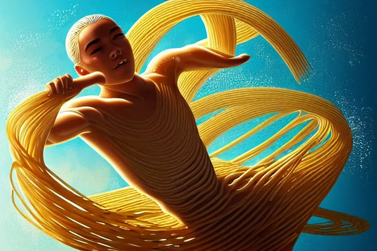 Image similar to olympic diver made of pasta diving into a pool of pasta, splash, art deco intricate ripples, fantasy, elegant, highly detailed, sharp focus, art by artgerm and beeple and greg rutkowski and wlop