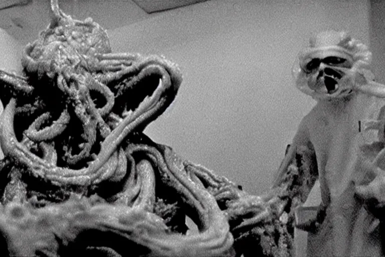 Image similar to scary intense grotesque disgusting filmic wide shot angle movie still 35mm film color photograph of a shape shifting horrific nightmarish abstract alien organism spewing toxic spined tentacles made out of flesh strangling a doctor wearing a lab coat and surgical mask in the style of a horror film The Thing 1982