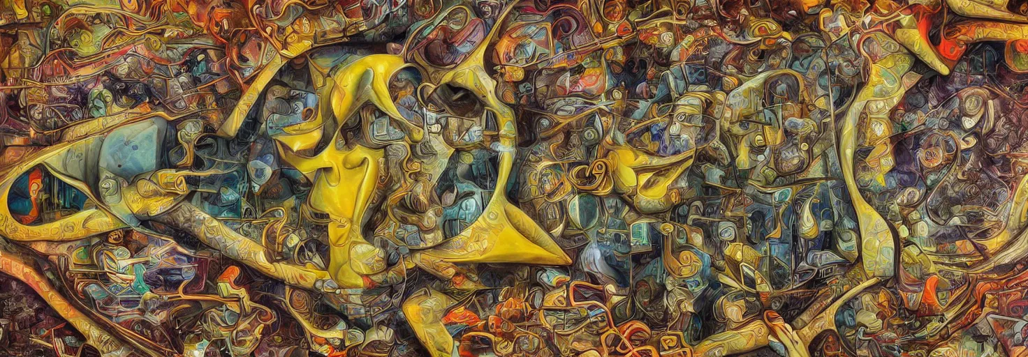 Image similar to Mural of raising AI art by Chor Boogie and Salvador Dali and M. C. Escher collaboration, digital art, mix of aesthetics, close up, high details