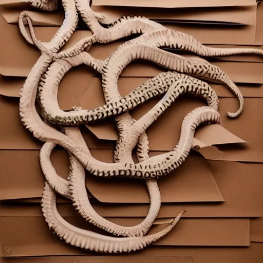 Image similar to tentacles made of brown corrugated cardboard, cut out of cardboard, realistic photography, fantasy