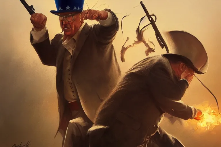 Prompt: uncle sam hitting steven seagal, intricate, elegant, highly detailed, digital painting, artstation, concept art, smooth, sharp focus, illustration, art by greg rutkowski, masterpiece, perfect composition, award - winning photography, cgsociety