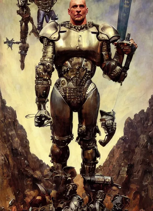 Image similar to 5 0 s pulp scifi fantasy illustration full body portrait martyn ford as huge armoured giant by norman rockwell, roberto ferri, daniel gerhartz, edd cartier, jack kirby, howard v brown, ruan jia, tom lovell, frank r paul, jacob collins, dean cornwell, astounding stories, amazing, fantasy, other worlds