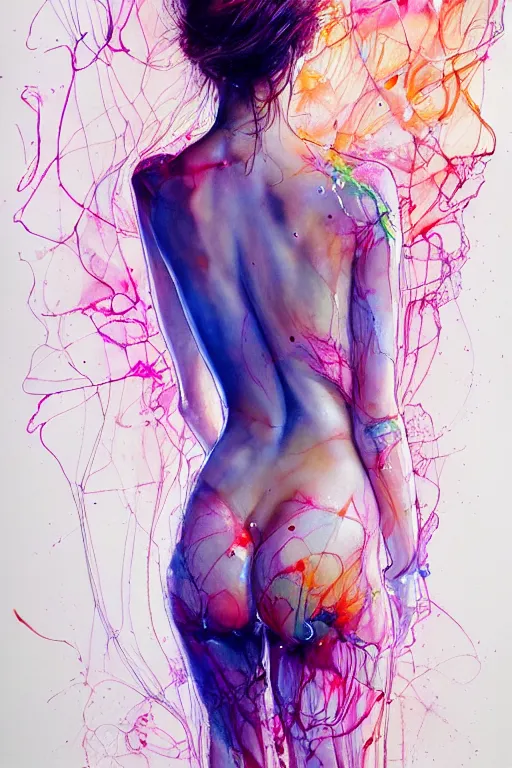 Image similar to sophia vergara by agnes cecile enki bilal moebius, intricated details, 3 / 4 back view, full body portrait, extremely luminous bright design, pastel colours, drips, autumn lights