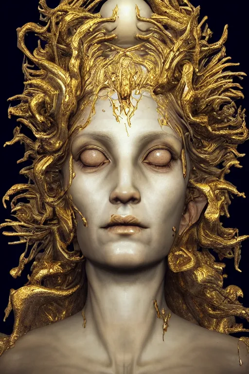 Image similar to A portrait of a surreal goddess With white flowers around it,, ((Gold fluid simulation in the background)), perfectly proportioned face, ultra super good realistic 3D render by Pete Morbacher and Emil Melmoth, insanely detailed, trending on artstation