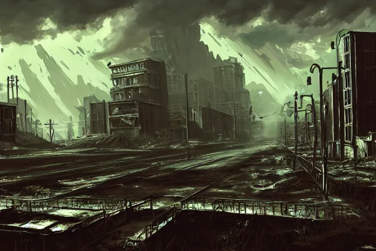 Image similar to Landscape of the nuclear wasteland of new orleans, down-town, city, concept art by Ray Lederer, fallout concept art, wallpaper, trending on art station