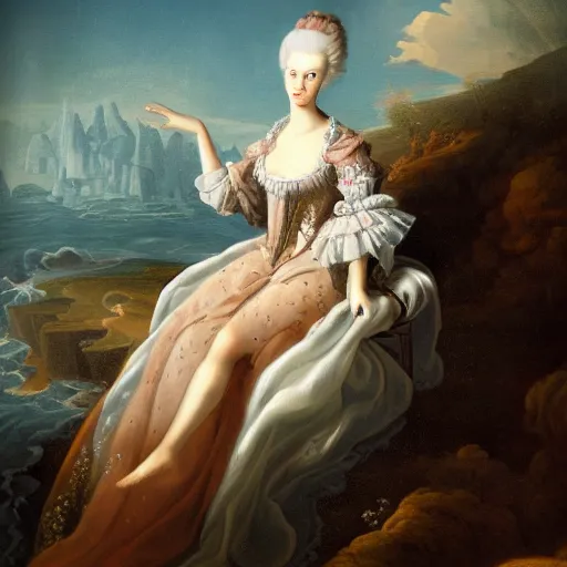 Prompt: portrait, Marie Antoinette levitating over the sea. high detail, great lighting, 8k resolution, masterpiece, concept art, illustration