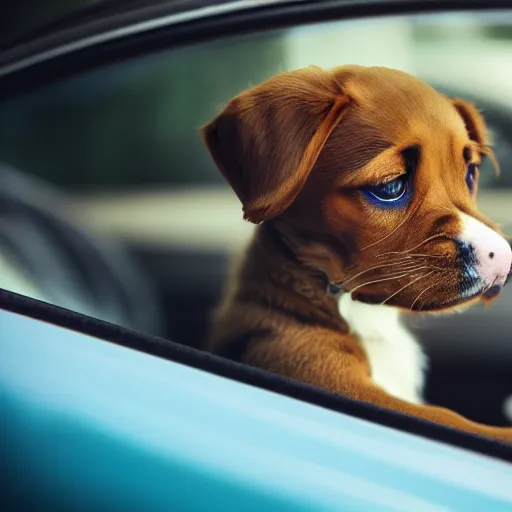 Prompt: cute puppy driving a car, film still, cinematic lens, realistic