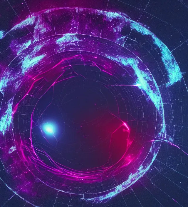 Prompt: a wormhole wireframe in the middle of a nebula, dark synthwave, aesthetic mood, vintage, sci - fi, 4 k