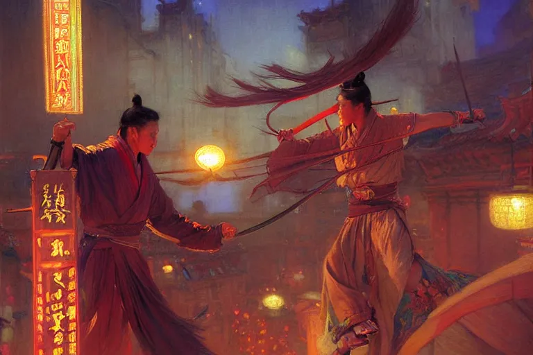 Prompt: wuxia, fight on the roof, neon light, painting by gaston bussiere, craig mullins, j. c. leyendecker