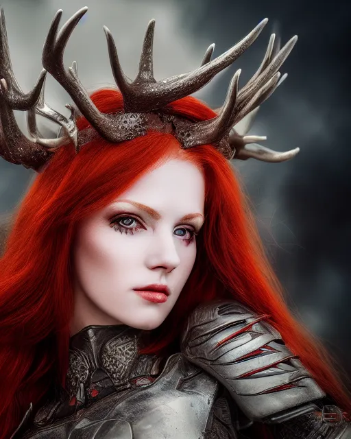 Image similar to 5 5 mm portrait photo of an armored redhead woman with antlers on her head, by luis royo. highly detailed 8 k. intricate. lifelike. soft light. nikon d 8 5 0. cinematic post - processing